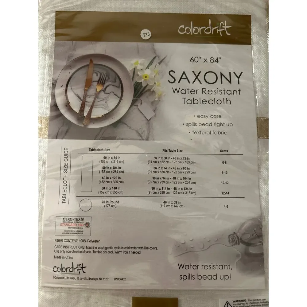New Colordrift Saxony Water 💦 Resistant Oblong Tablecloth Cream size 60”x84”
